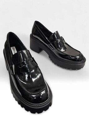 Nwt STEVE MADDEN Alden Faux Patent Black Lug Sole Platform Penny Loafers 9.5M
